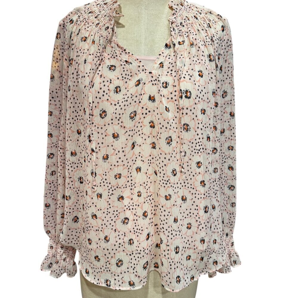 LOFT Floral Blouse w/ Built-In Cami Size Large Sheer Pink Ruffle Neck Top